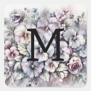 Adesivo Quadrado Flores cor-de-rosa com desenho floral monograma