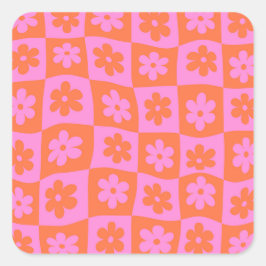 Adesivo Quadrado Flores Cor-de-Rosa e Laranja Xadrez Retrô Distorci