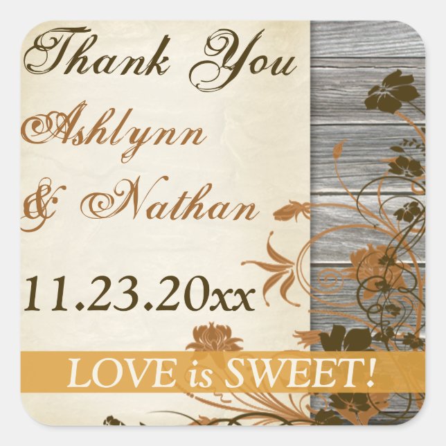 Adesivo Quadrado Flores De 1,5", Casamento De Madeira. Obrigado (Frente)