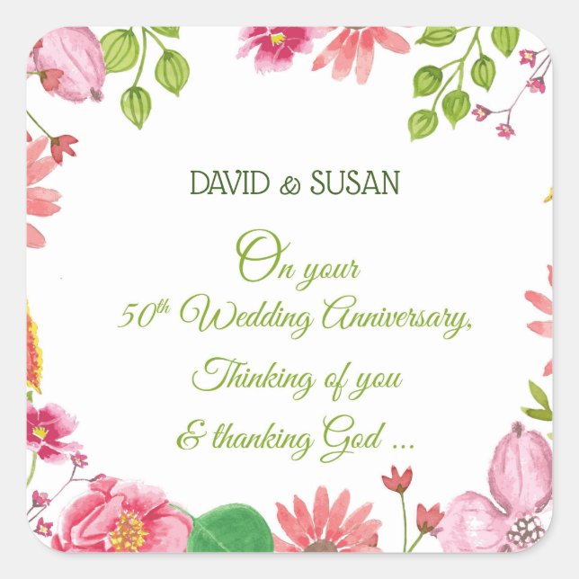 Adesivo Quadrado Flores de Aniversário de Casamento Religioso de 50 (Frente)