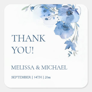 Adesivo Quadrado Flores de Aquarela Azul Casamento Agradecimento