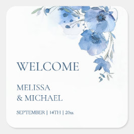 Adesivo Quadrado Flores de Aquarela Azul Casamento Bem-vindo