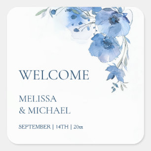 Adesivo Quadrado Flores de Aquarela Azul Casamento Bem-vindo