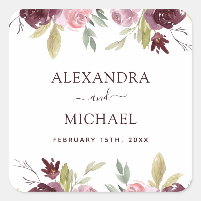 Adesivo Quadrado Flores De Aquarela Florais Selo De Casamento (Frente)