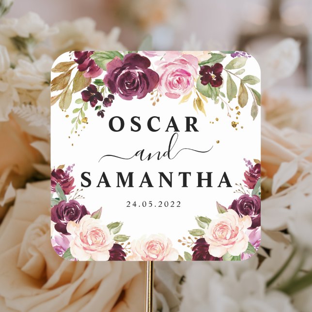 Adesivo Quadrado Flores de Aquarela Moody & Rustic Burgundy e Folha (Criador carregado)