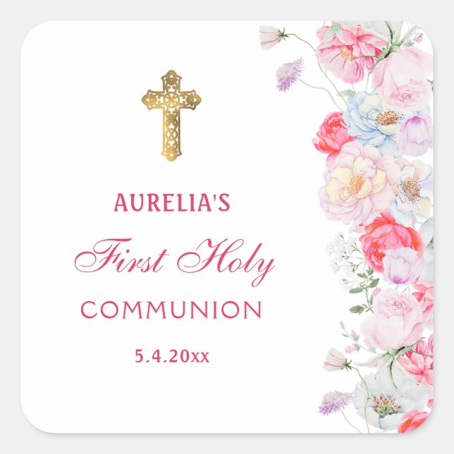 Adesivo Quadrado Flores de Aquarela Primeira Comunhão (Frente)