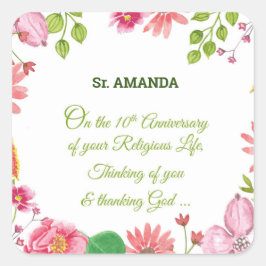 Adesivo Quadrado Flores de Aquarela Religiosas do 10º Aniversário