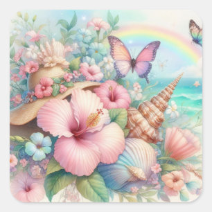Adesivo Quadrado Flores de aquarelas e conchas marinhas na praia