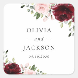 Adesivo Quadrado Flores de Borgonha, Flores Rosa, Verde, Casamento