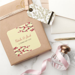 Adesivo Quadrado Flores de cerejeira vermelhas de Sakura que