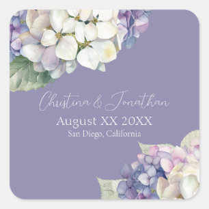 Adesivo Quadrado Flores de Hortênsia Roxas e Brancas sobre Lavanda