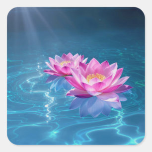 Adesivo Quadrado Flores de Lotus Rosa Flutuando em Água Azul Crista