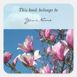 Adesivo Quadrado Flores de magnólia cor-de-rosa primavera no céu az