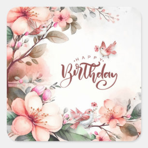 Adesivo Quadrado Flores de Magnólia Rosa e Pássaros Feliz Aniversár