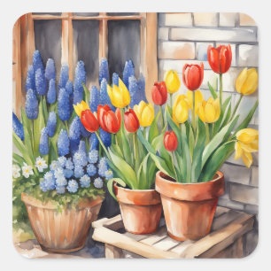Adesivo Quadrado Flores de Primavera Aquarela Tulipas Jacintos