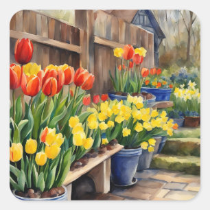 Adesivo Quadrado Flores de Primavera Aquarela Tulipas Narcisos Jard
