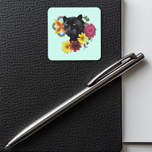 Adesivo Quadrado Flores de Retrato Jaguar Pretas