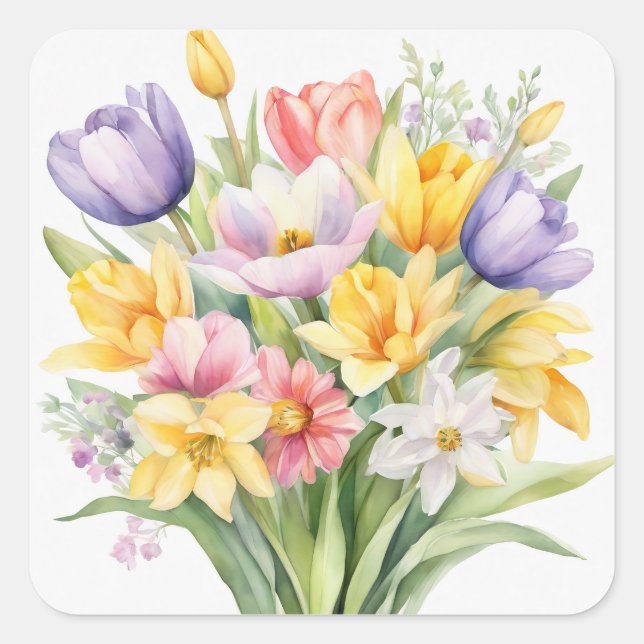 Adesivo Quadrado Flores de Tulipas de Primavera em Aquarela (Frente)