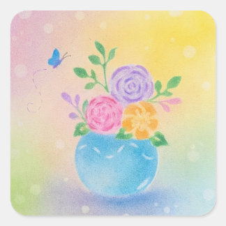 Adesivo Quadrado Flores de Vaso Pastel Arte Borboleta
