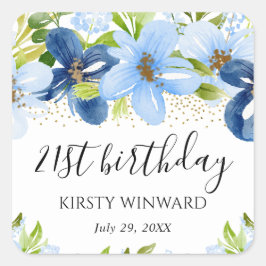 Adesivo Quadrado Flores de Verão em Aquarela Azul Aniversário