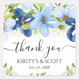 Adesivo Quadrado Flores de Verão em Aquarela Azul Casamento