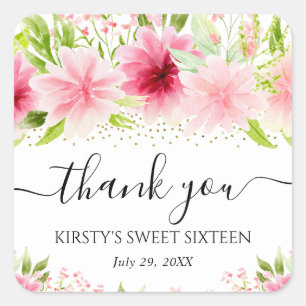 Adesivo Quadrado Flores de Verão Rosa em Aquarela Sweet Sixteen