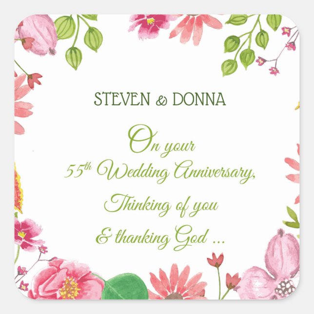 Adesivo Quadrado Flores do 55º aniversário do casamento religioso (Frente)
