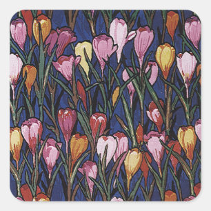 Adesivo Quadrado Flores do açafrão do vintage em um jardim, teste