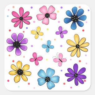Adesivo Quadrado Flores e Borboletas Coloridas Brilhantes