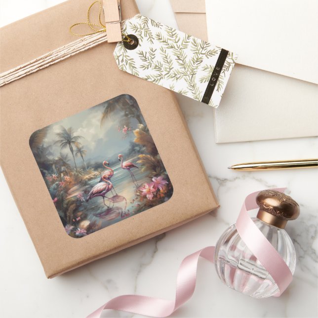 Adesivo Quadrado Flores e flamingos de pintura botânica em folha (Presentear)