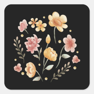 Adesivo Quadrado Flores e folhas de cor d'água