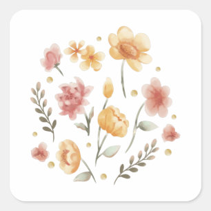 Adesivo Quadrado Flores e folhas de cor d'água