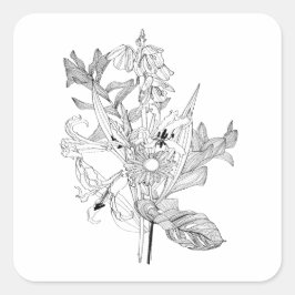 Adesivo Quadrado Flores e palmeiras em estilo de esboço.