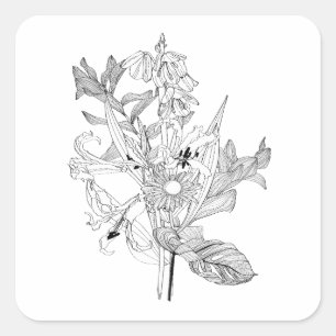 Adesivo Quadrado Flores e palmeiras em estilo de esboço.