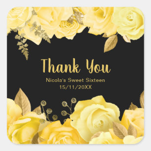 Adesivo Quadrado Flores Elegantes Amarelas e Douradas Sweet Sixteen