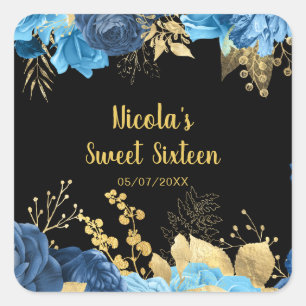 Adesivo Quadrado Flores Elegantes Azuis e Douradas Sweet Sixteen
