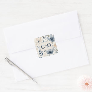 Adesivo Quadrado Flores Elegantes em Aquarela Casamento Azul Creme