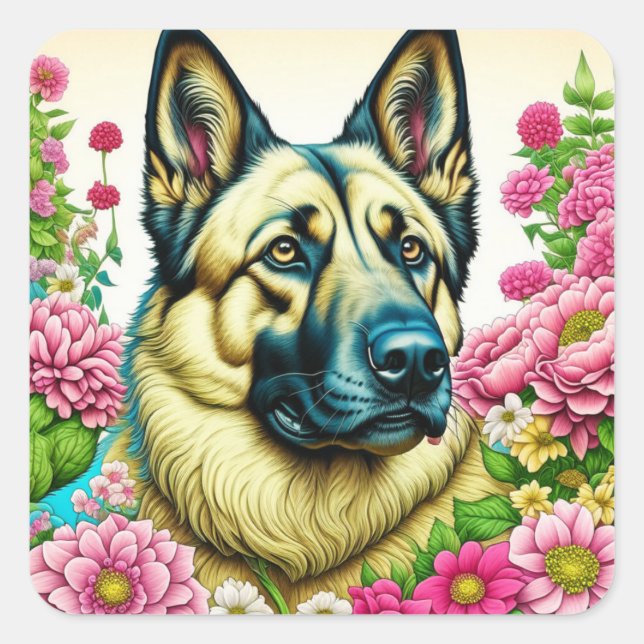 Adesivo Quadrado Flores german shepherd e Whimsical (Frente)