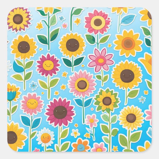 Adesivo Quadrado Flores Jovens Vestidas para Crianças (Frente)