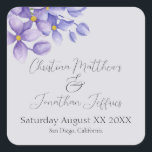 Adesivo Quadrado Flores Lilás Românticas de Aquarela em Roxo<br><div class="desc">Este adesivo personalizado apresenta um tema romântico de casamento. O fundo é uma cor púrpura simples e elegante,  com flores lilás púrpuras de aquarela,  na borda do topo.</div>