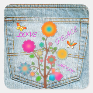 Adesivo Quadrado Flores no Bolso Traseiro de Jeans Paz Amor Esperan