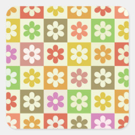 Adesivo Quadrado Flores Retrô Coloridas em Padrão Xadrez