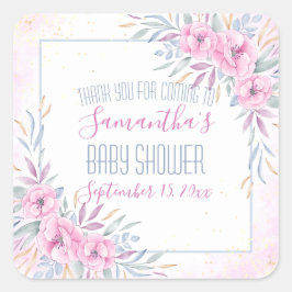 Adesivo Quadrado Flores Rosa Chá de fraldas de Aquarela Obrigado