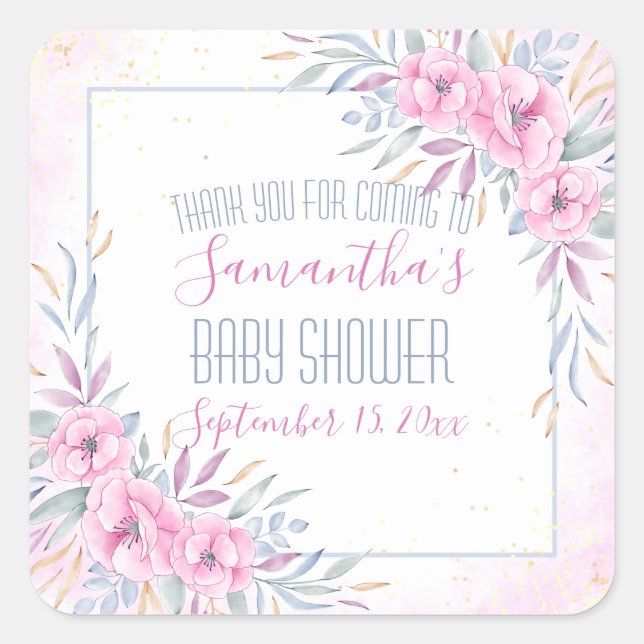 Adesivo Quadrado Flores Rosa Chá de fraldas de Aquarela Obrigado (Frente)
