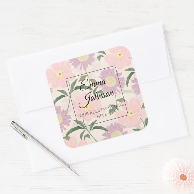 Adesivo Quadrado Flores Rosa Elegantes Aquarela Boho Floral (Envelope)