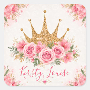 Adesivo Quadrado Flores Rosa em Aquarela e Tiara Dourada