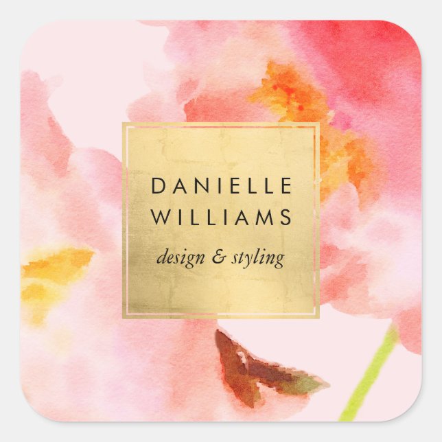 Adesivo Quadrado Flores Rosa em Aquarela Luxuosa com Moldura Dourad (Frente)