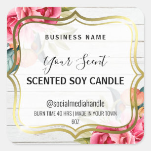 Adesivo Quadrado Flores Rosa Nos Rótulos De Velas De Soja Perfumad