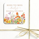 Adesivo Quadrado Flores Selvagens Coloridas Sagrada À Sra.<br><div class="desc">Colorida Wild Flowers Country Wedding Miss To Sra. Chá de panela Gift Favor Stickers Labels apresenta flores bonito em cor laranja, amarela, roxa e rosa em fundo branco com sua informação personalizada. Perfeito para o seu Festa especial de Hen, Festa de solteira, Chá de panela, Festa de Pamper, Fim de...</div>