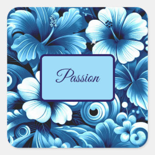 Adesivo Quadrado Flores tropicais havaianas Hibiscus Padrão Azul